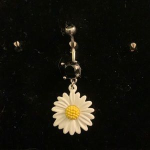 14g Navel/Belly Button White Daisy with Black Stones